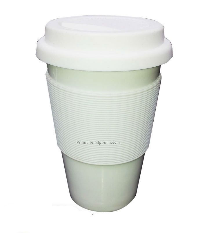 Double wall ceramic mug with silicone lid and silicone sleeve