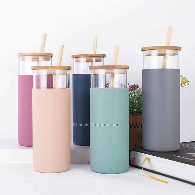 500ml Glass Water Bottle bamboo lid Glass Tumbler with Bamboo Straw and Silicone Sleeve Glass Water Cup