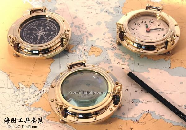 Nautical Porthole Compass, Clock & Magnifier