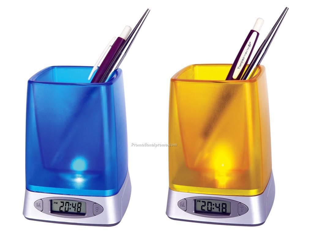 Acrylic new pen holder with alarm clock