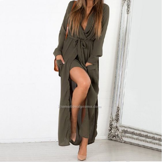 2017 Pure Color Long Sleeve V-neck Women Summer Dress