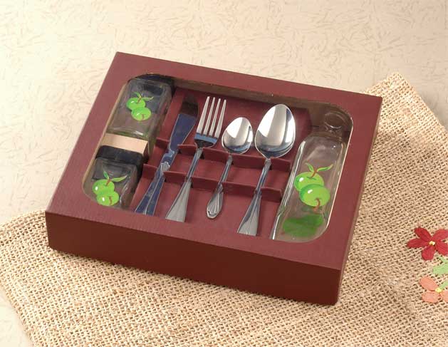 hand painted cruet set with flatware in display tray 
  
   
     
    