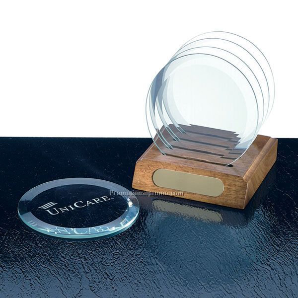 Glass Clear Coaster Set w/Wood Base C-H003