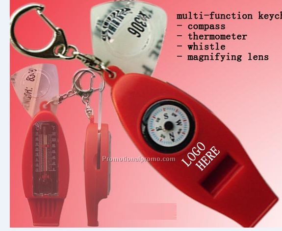 Keychain with  compass, thermometer, whistle and magnifier