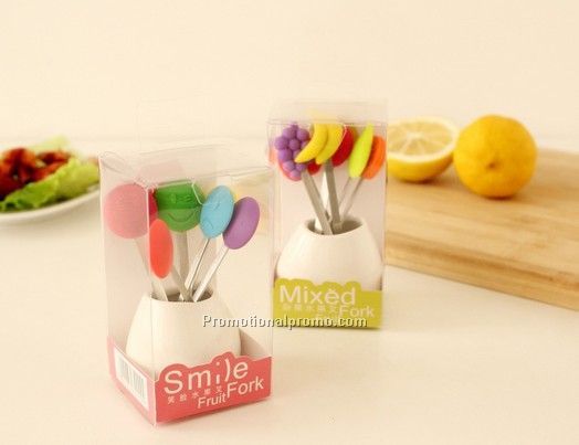 Silicone smiley fruit fork