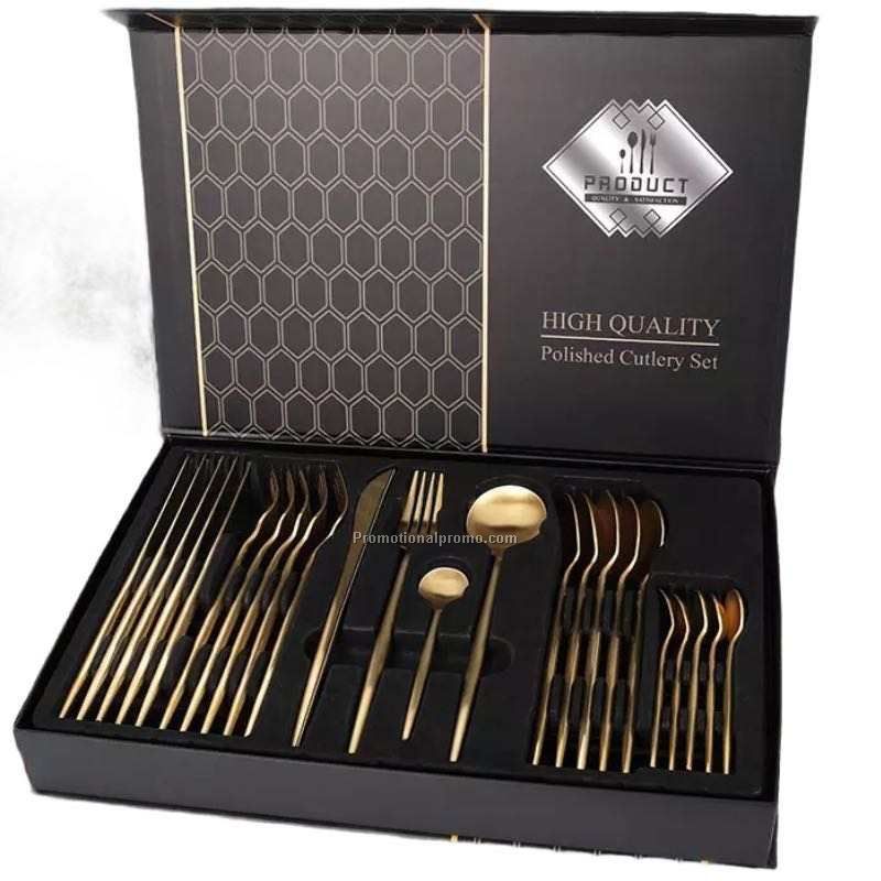 Cutlery Set Stainless Steel 304 24pcs Matte Gold Plated Flatware Set With Pretty Paper Box Packing Flatware Sets
