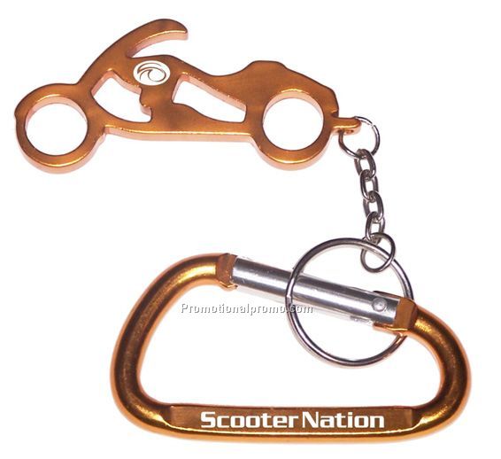 Motorcycle shaped bottle opener with key chain carabineer
