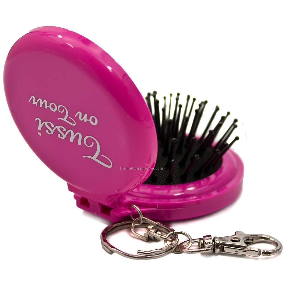 Foldable hairbrush with mirror and keychain
