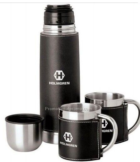 Stainless Steel Flask and Mug gift set with leather holder