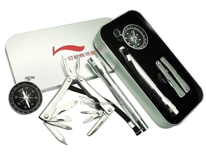Camping tool set with led torch, multifunction tool and compass