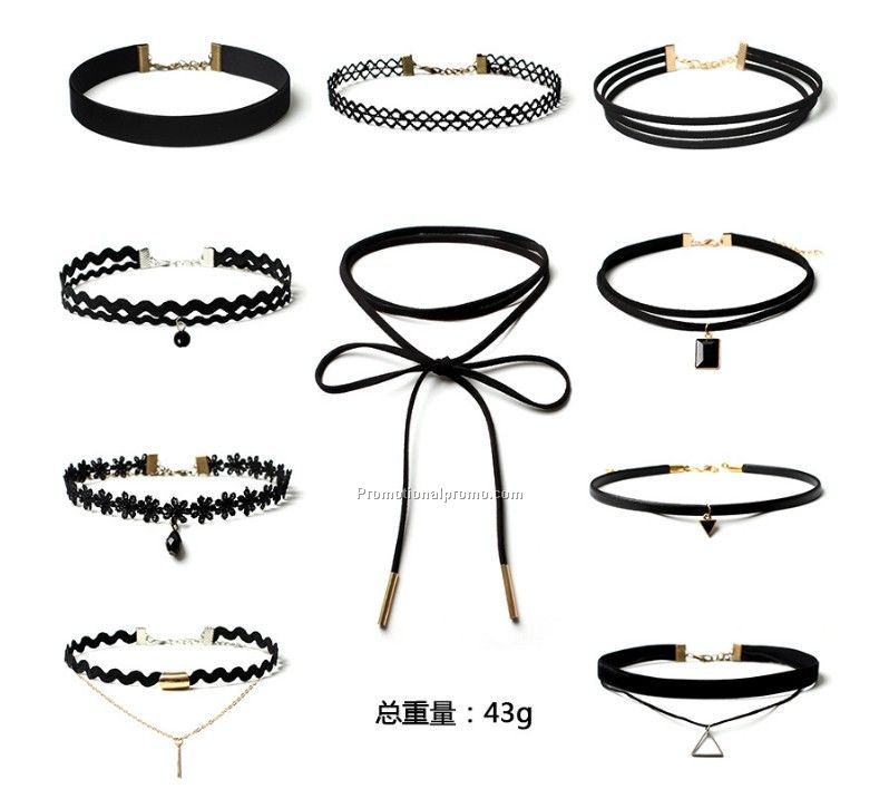 Wholesale 10 Pieces Women Black Rope Choker Necklace Set