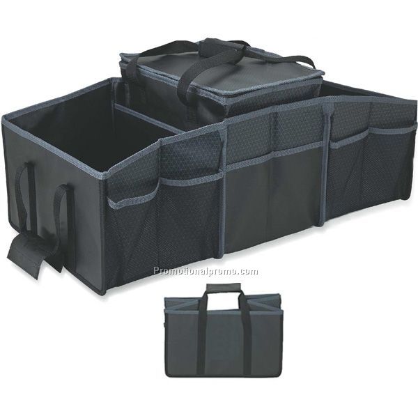 Collapsible trunk organizer with a zippered cooler