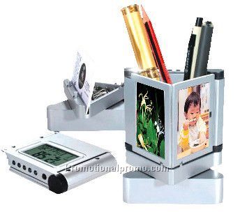 Pen Holder w Photo Frame & clock