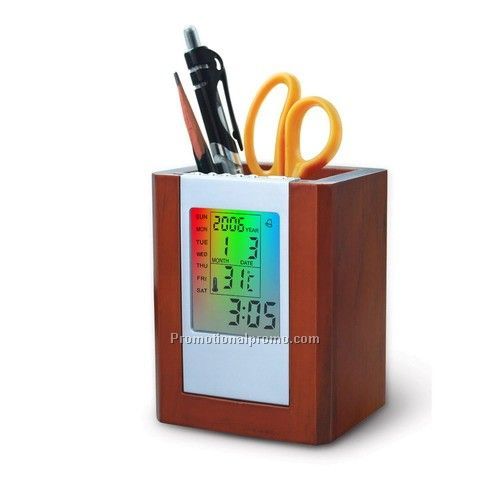 Multifunctional Wooden Pen Holder with Calendar, Digital calendar with pen holder, Promotional desktop pen holder with calendar