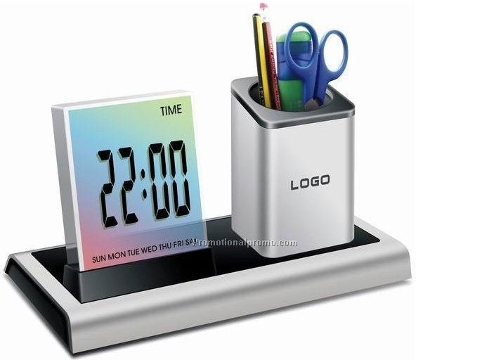 Pen holder with clock and thermometer