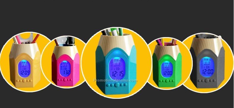 Pencil Tip pen holder with Calendar and electronic alarm clock