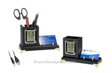 Customized PU Leather desk business card holder with pen holder & calendar