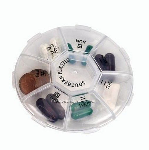 Round pill box, 7 day pill organizer