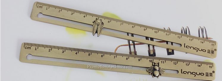 antique brass student metal ruler with insects