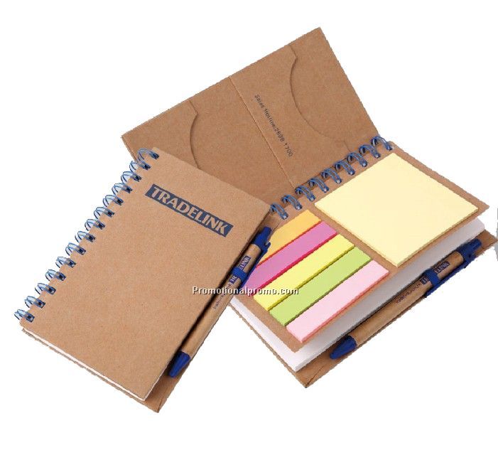 Recycled paper notebook with sticky notes and ballpen