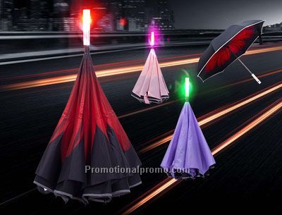 SOS Singal Light Inverted Umbrella with LED Light Handle and Reflective Tape , Reverse Car Umbrella Windproof