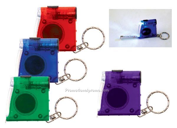 Tool with light, tape measure, keychain