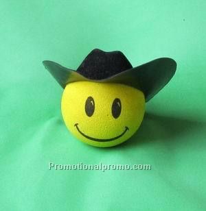 Yellow happy face antenna ball with black cowboy rodeo hat