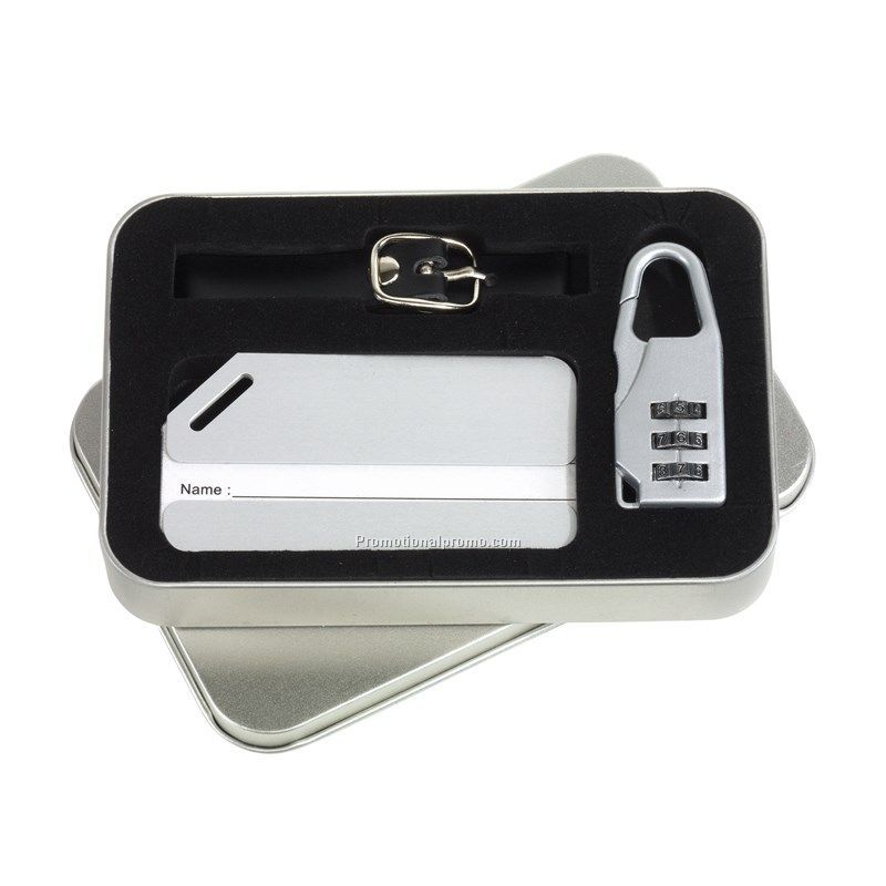 Travel set with luggage tag, strap and luggage lock packed in a tin box