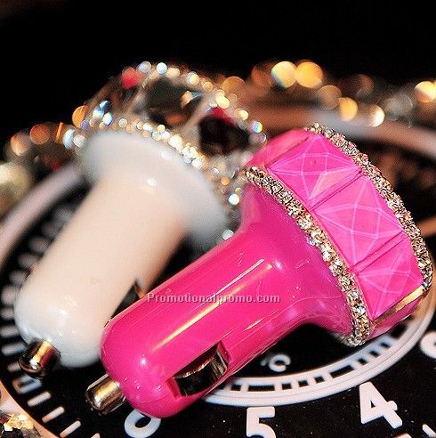 Fashion compatible 2 USB car charger, color crystal bling car power adapter, dual usb car charger