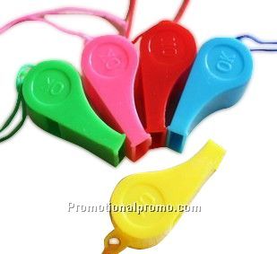 Colored plastic whistle with lanyard