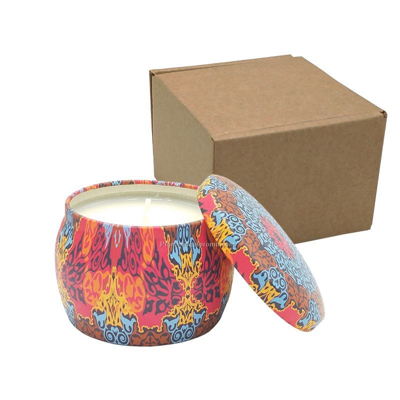 Custom soy scented candle with colorful desgin tin box