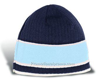 Fine Knit Cable Rib Beanie with 3 Contrasting Stripes & Interior Microfleece Lining