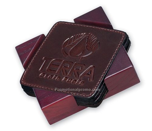 Set Of Four Stitched Leather Coasters In A Rosewood Holder