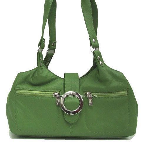 2-Handle Bag / 3- Section / Natural Dry Milled Cowhide - Soft Pebbled finish / Lime Green . 100% leather construction.