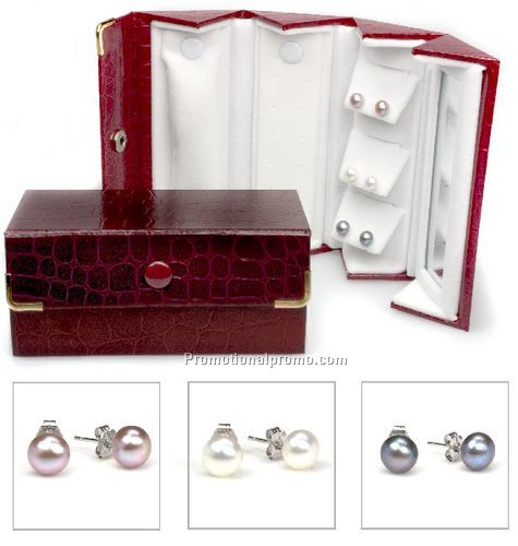 3 pc sterling silver freshwater pearl stud earring set in travelling jewellery case