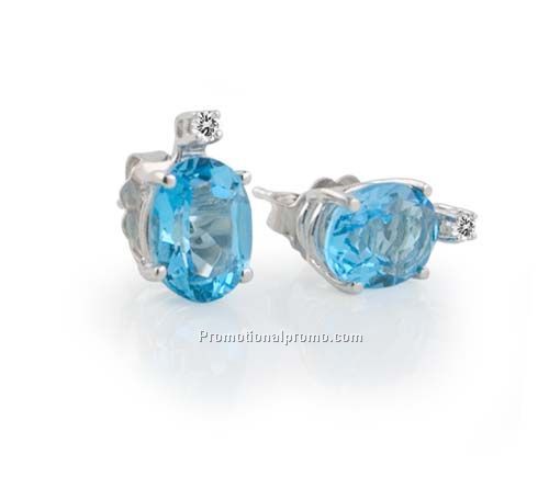Genuine blue topaz and diamond earrings in 14k white gold,