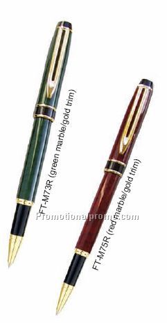 Flat Top Roller Pen - Green Marble/Gold Trim