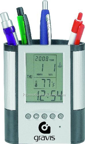 PEN CUP WITH DIGITAL ALARM CLOCK & THERMOMETER