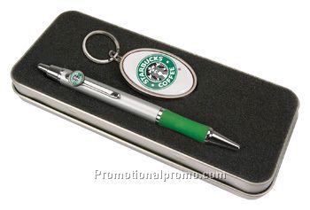 PEN & METAL KEY TAG SET*, domed full color insert, tin box