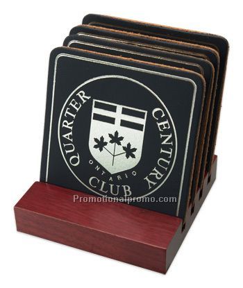 Set of 4 Cork - Backed Coasters With Red Walnut Stand