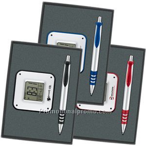 Sleek Silver Travel Alarm/Ballpoint Set