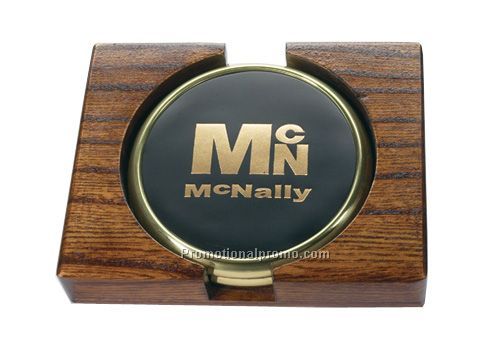 Set of 2 Metal Coaster in an Oak Wood Finish Stand