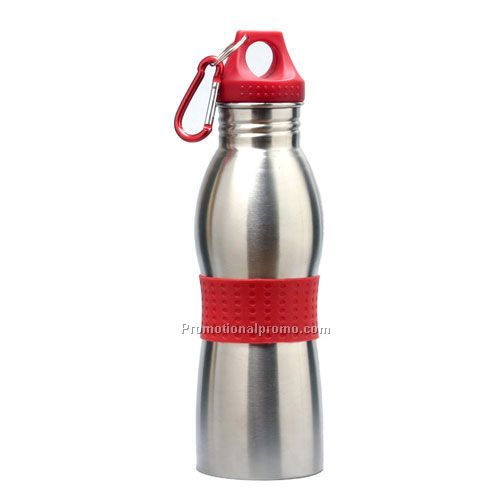 Stainless Steel Water Bottle w/Carabiner Red Lid and Band 20oz