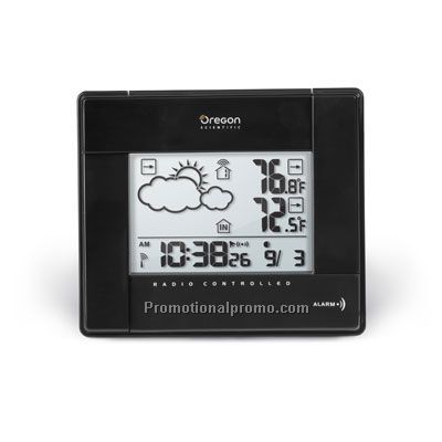 Wireless Weather Forecaster with Temperature Display and Self-Setting Atomic Clock - Black