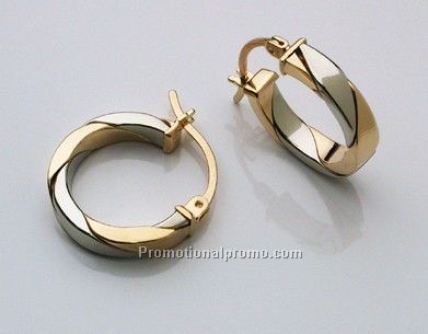 10k white and yellow gold earrings, twist design, flat hoop style
