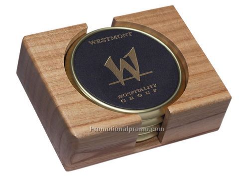 Set Of Four Metal Coaster In An Oak Finish Stand