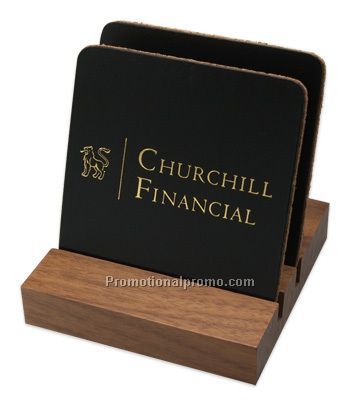 Set of 2 Cork - Backed Coasters with Walnut Stand