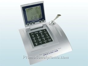 World time clock, alarm, calendar, calculator, pen holder