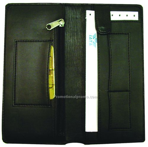 Airline Ticket Wallet - holds e-ticket, ticket stubs, business cards, long zippered pocket for currency, passports / Lambskin & Leatherette / Black