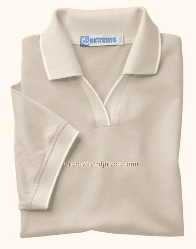 LADIES' JOHNNY COLLAR JERSEY POLO WITH PENCIL STRIPE